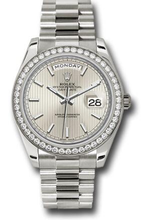 Replica Rolex White Gold Day-Date 40 Watch 228349RBR Bezel Silver Stripe Motif Index Dial President Bracelet - Click Image to Close